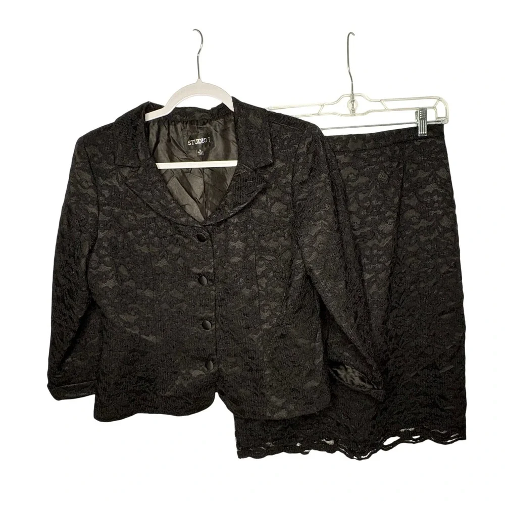 Studio I Black Floral Lace Skirt Suit Set Blazer &‎ Pencil Skirt Size 10 Classic